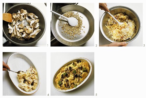 Making rice and oyster mushroom bake