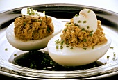 Hard cooked eggs stuffed with grain