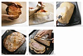 Preparing ham in bread dough