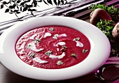 Cream of Red Beet Soup with Chervil Flakes