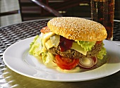 Cheeseburger on Plate in a Restaurant