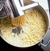 Making home-made noodles (spaetzle) with a special press