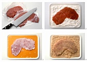 Flattening meat and coating it with breadcrumbs