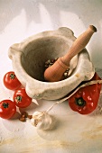 Tomaten; Paprika; Knoblauch; Mandeln & Mörser