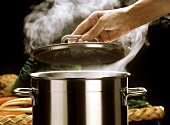 Hand Lifting Lid of Steaming Stock Pot