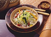Steamed Rice with Bell Pepper and Leek