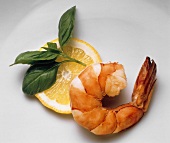 One Cooked Shrimp with Lemon Slice and Basil