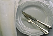 White Plate and Silverware; Cloth Napkin