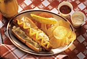 Hot Dog with Sauerkraut; Chips and a Pickle