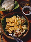 Tofu mit Gemüse & Sprossen, ein Schälchen Reis, Chilisauce