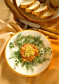 Salmon tartar with Cucumber Vinaigrette on bed of parsley and dill