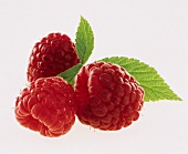Three Raspberries Close Up with Leaves
