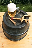 Beer barrel with tap and tankard
