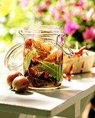 Gooseberry chutney in an open preserving jar