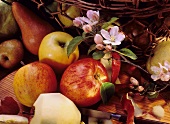 Apples, pears, apple blossom and peeled apple