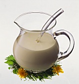Cream in a glass jug with ladle on dandelion