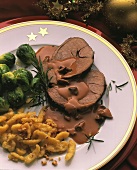 Roast beef with mushroom sauce,  noodles & Brussels sprouts