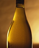 Ausschnitt einer Flasche Weißwein vor Sonnenuntergang