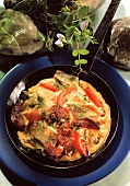 Pike-perch Omelet with Bacon, Tomatoes and Herbs in Cast-iron Frying Pan