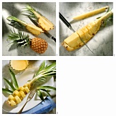 Cutting pineapple into decorative pineapple snacks
