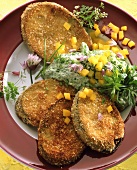 Breaded aubergine slices with herb quark and paprika