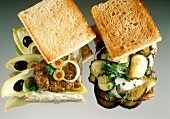 Two Sandwiches on Toasted Bread; Hamburg and Vegetable