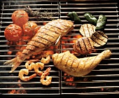 Red Fish and Chicken Leg; Shrimp on the Grill