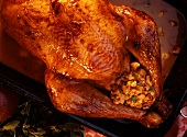 Turkey with apple and chestnut stuffing in roasting tin