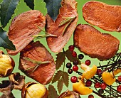 Venison fillet slices with spices, mushrooms & ingredients