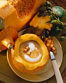 Cream of pumpkin soup with croutons in pumpkin