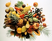 Viele exotische Früchte, Obst & Beeren auf einem Haufen