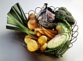 Assorted Vegetables in a Wire Basket