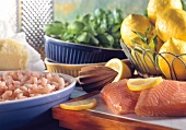 Seafood Still Life; Salmon and Shrimp; Lemons