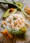 Shrimp salad with caviare & dill in glass (from above)