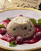 Rice Trauttmansdorf (moulded rice pudding) on raspberry sauce