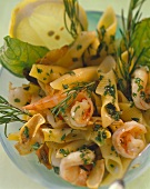 Pasta salad with shrimps, garlic, basil and rosemary