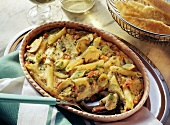 Pasta bake with mushrooms, spring onions & tomatoes