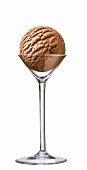 A scoop of chocolate ice cream in tall stemmed glass