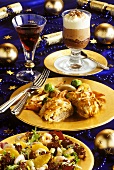 Christmas menu with salad, beef with pasta crust & mousse