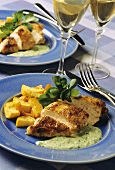 Fried chicken breast fillet with watercress sauce