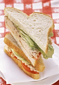 Thunfisch Sandwich auf Teller auf kariertem Tischtuch