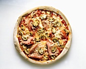 A pizza with tomatoes, cheese, ham and mushrooms