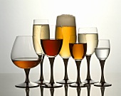 Several different alcoholic drinks in glasses