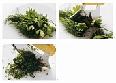Chopping herbs with two-handled chopping knife