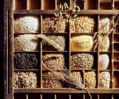 Several types of cereals and rice in wooden box