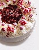 Raspberry ice cream cake with berries and chocolate curls