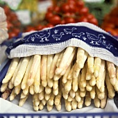 Weisser Spargel, mit Handtuch bedeckt, in Steige auf Markt
