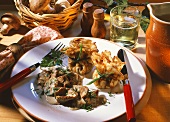 Finely chopped veal and crepes bags with mushroom filling