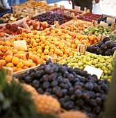 Fresh fruit, including apricots, in crates at the market