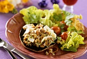 Stuffed giant mushroom with pecan nuts and vegetables